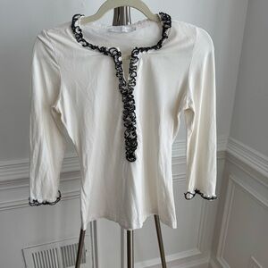 Anne Fontaine White stretch Cotton and Black Ruffle Trim Top Size EU 38 (US 4-6)